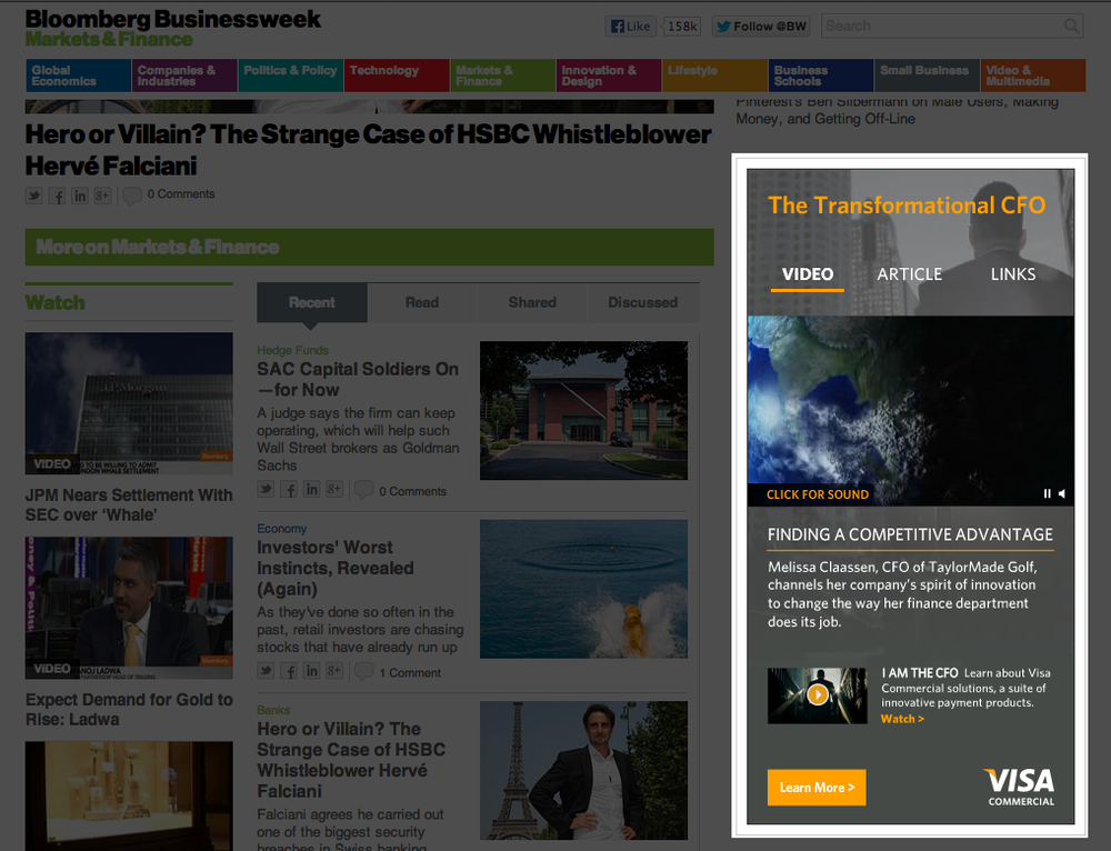 A Visa Commercial content ad showcases videos, articles and links, as seen on Bloomberg Businessweek.
